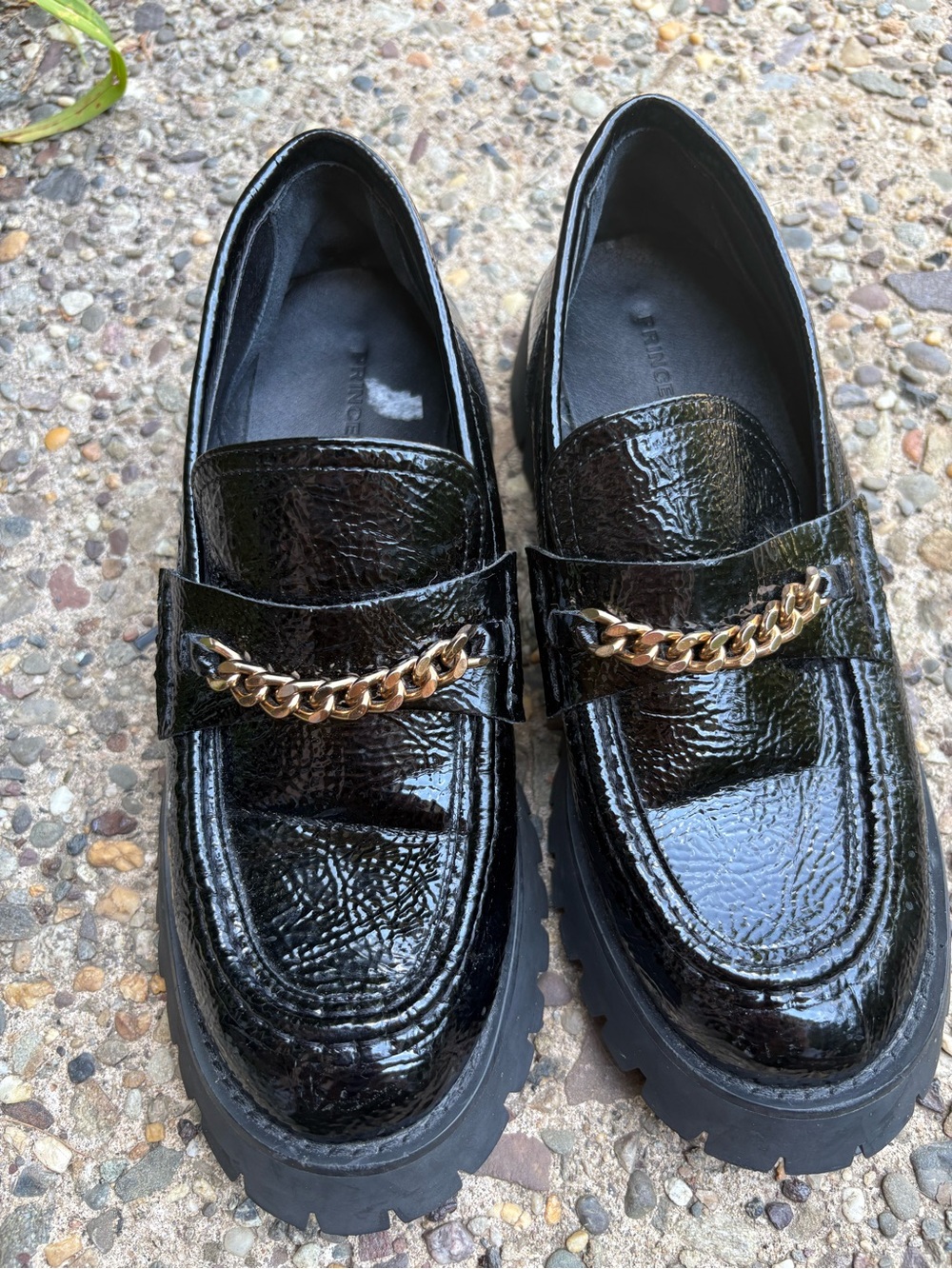 Princess Polly Black Patent Loafers with Gold Chain